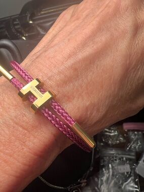 Gold H Cable Bracelet with Fuchsia Braided Cord